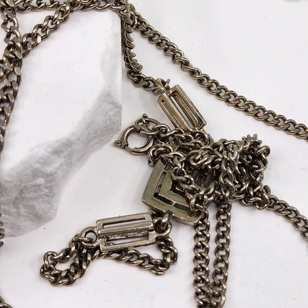 Gold Tone Extra Long Chain Necklace Geometric Greek Key Links Vintage Statement